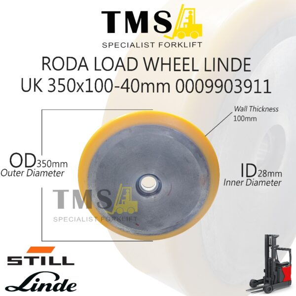 Load Still Linde R20-1120 Roda 350x100-40mm untuk Reach Truck Forklift Still FM-X Linde R10 / R12 / R14 / R16 / R20 / R25 Elektrik