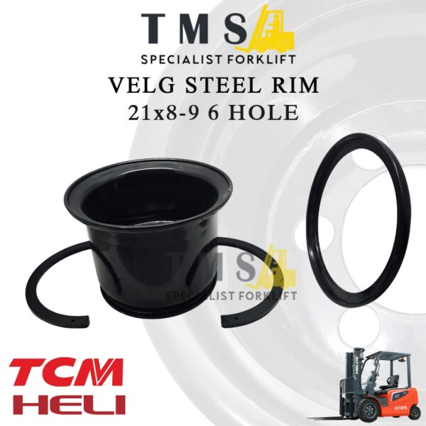 Velg Forklift 3 Ton 21x8-9 6 Hole HELI TCM Steel Rim FD30 CPCD30 Heavy Duty